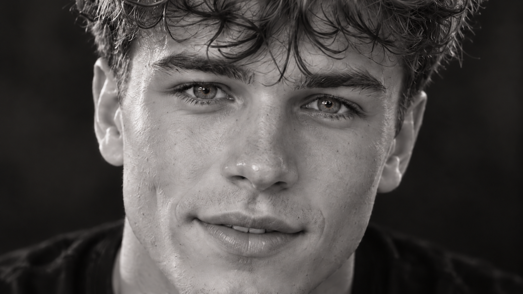 Chace Ospina’s created visual identity, a monochrome close-up with subtle hazel eyes